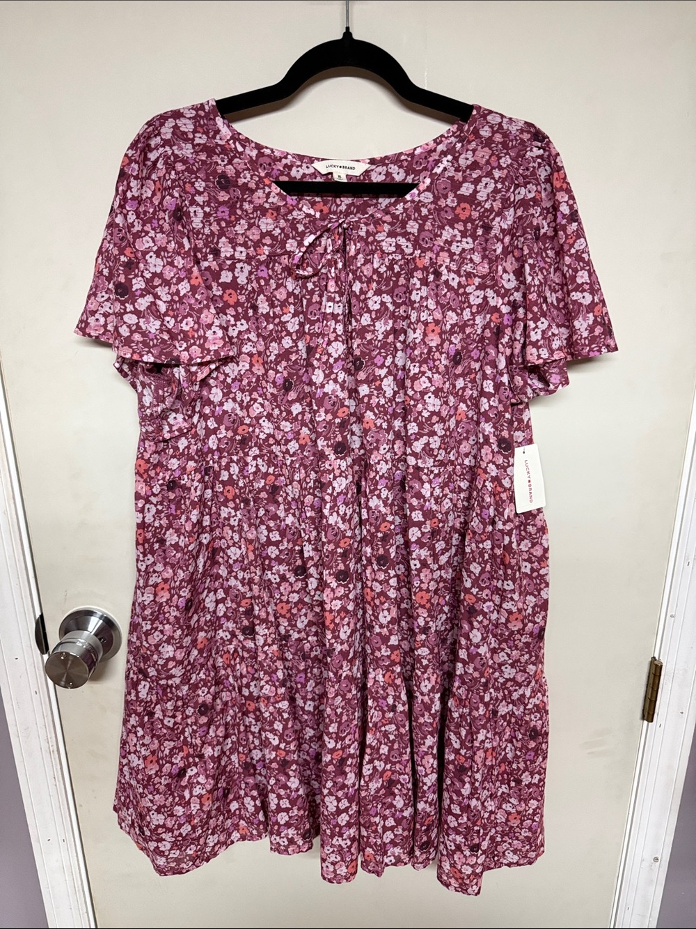 Lucky Brand Pink Multicolor Floral Short-Sleeve Tiered Tie-Neck Dress